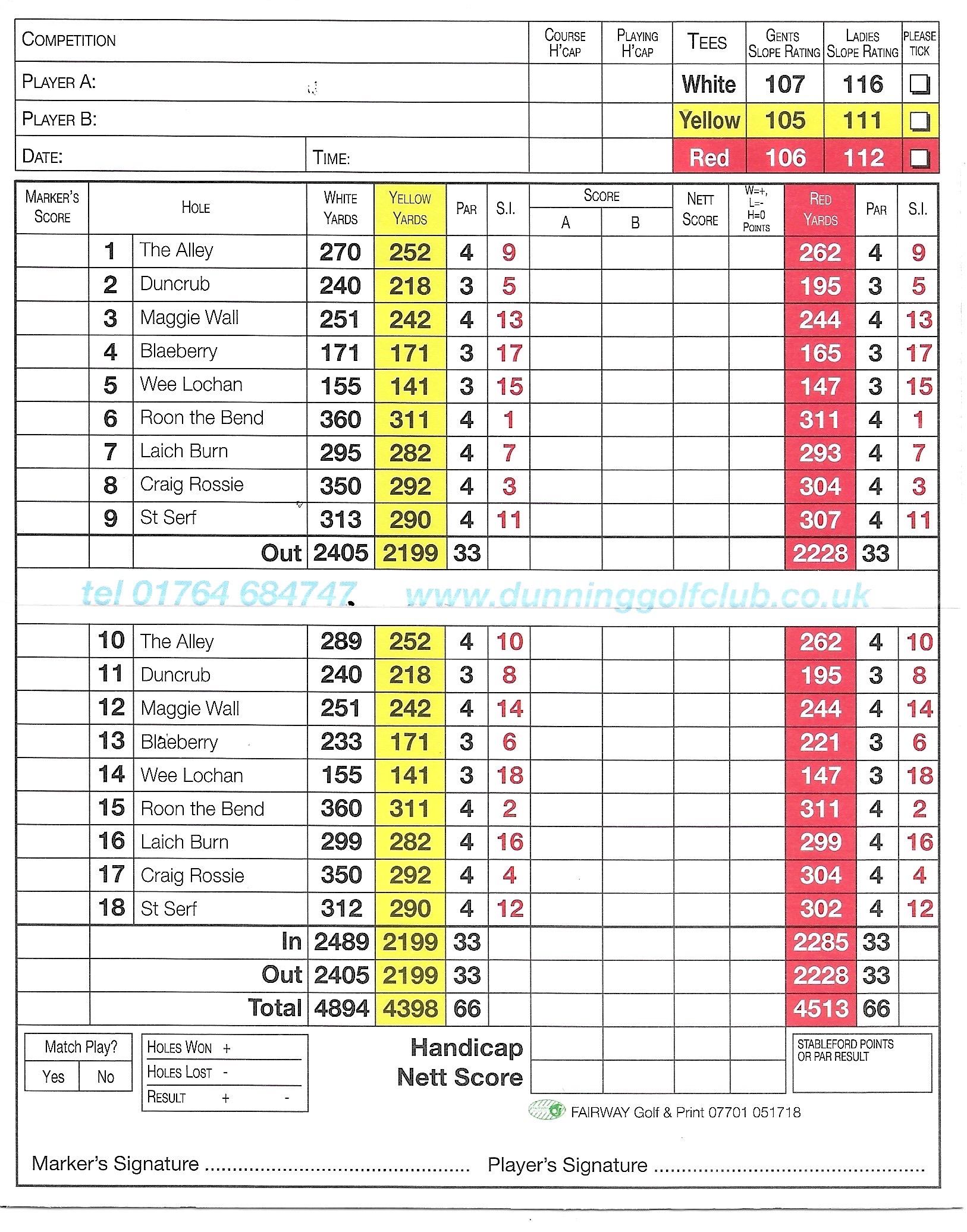 Dunning Golf Club Scorecard